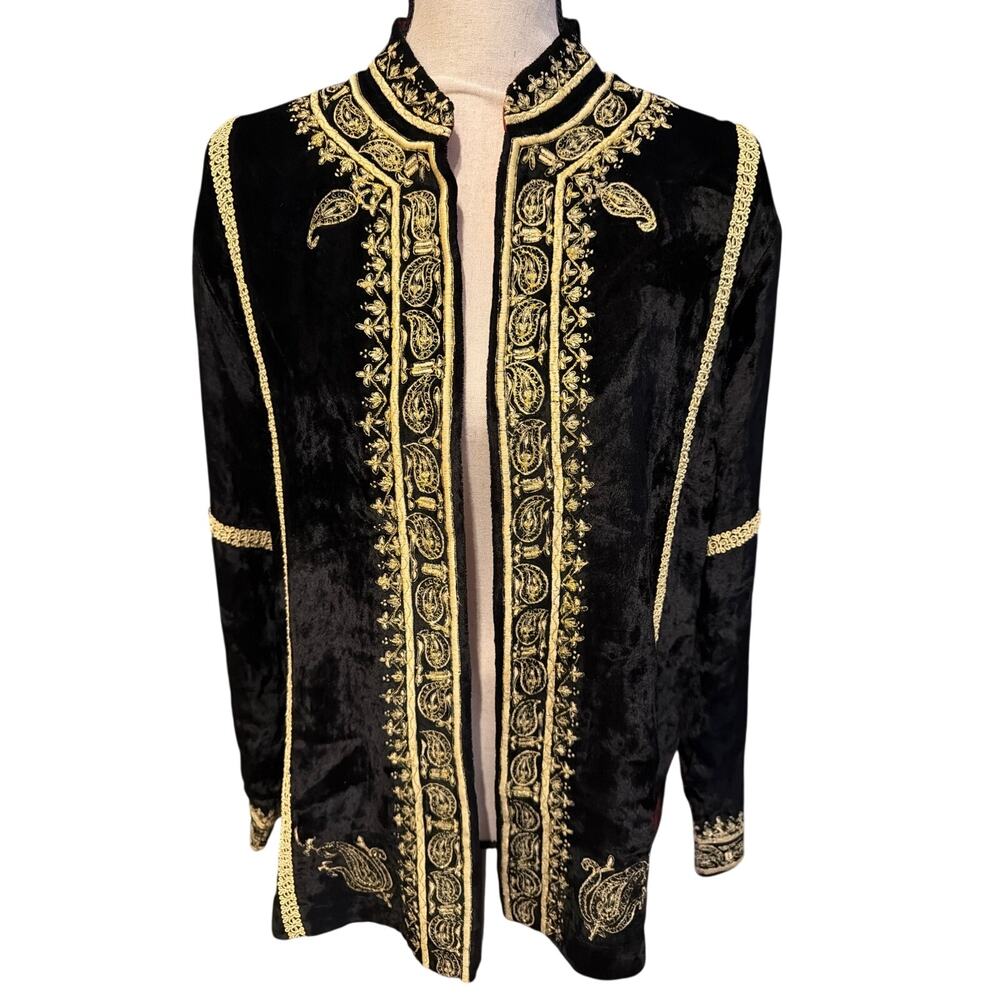 ⭐️ Soft Surroundings Black Velvet Embellished Open Front Cardigan Size Small